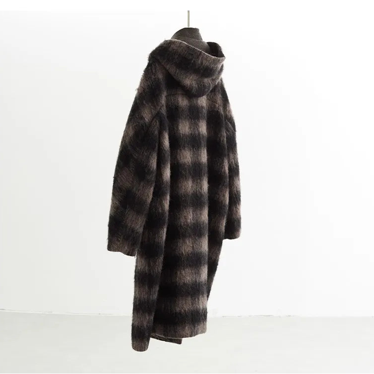 Plaid Coat~ Retro Style Horn Button Mid-Length Coat Women's Alpaca Wool British Style
