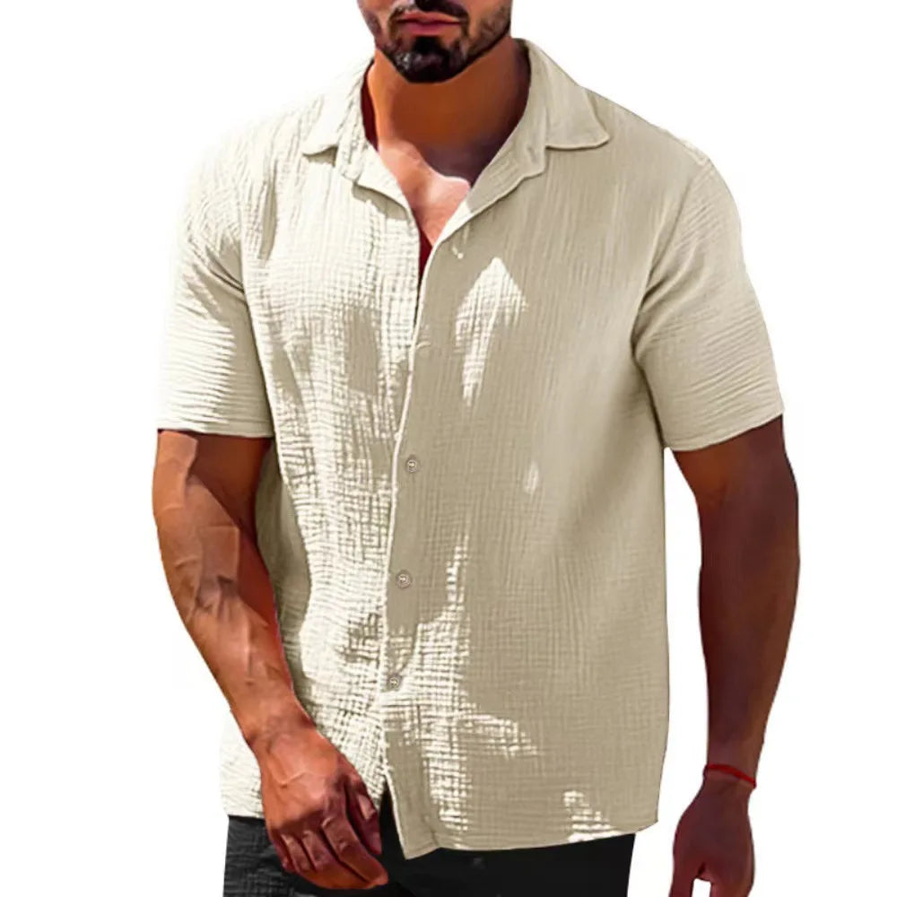 Lapel Solid Color Short Sleeve Button Loose Breathable Sweat Absorption Shirt