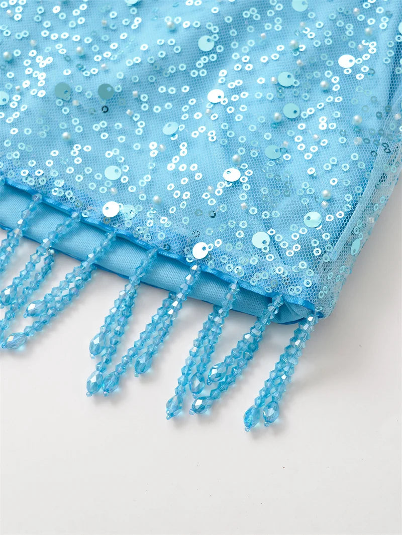 Women's Blue Halterneck Collar Pearl Fringe Sequin Top Skirt Suit Sexy Fashion Personality