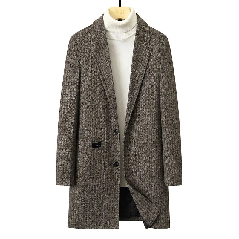 Mid-Length Fashionable, Stylish, Versatile and Casual Herringbone Cotton Coat