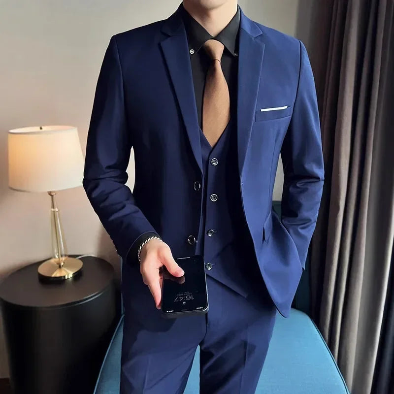3 Piece Suit (Blazer+ Vest + Trousers) Men's Fashionable Gentleman Business British Style Solid-color Banquet Host Casual Wedding Suit