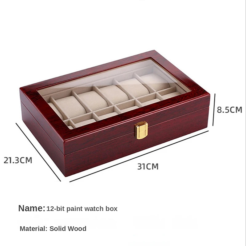 Wooden Luxury Watch Box 2/3/5/6/10/12 Slots Red Boxes Stoving Varnish Home Jewelry  Storage  Organizer  Transparent Glass Show