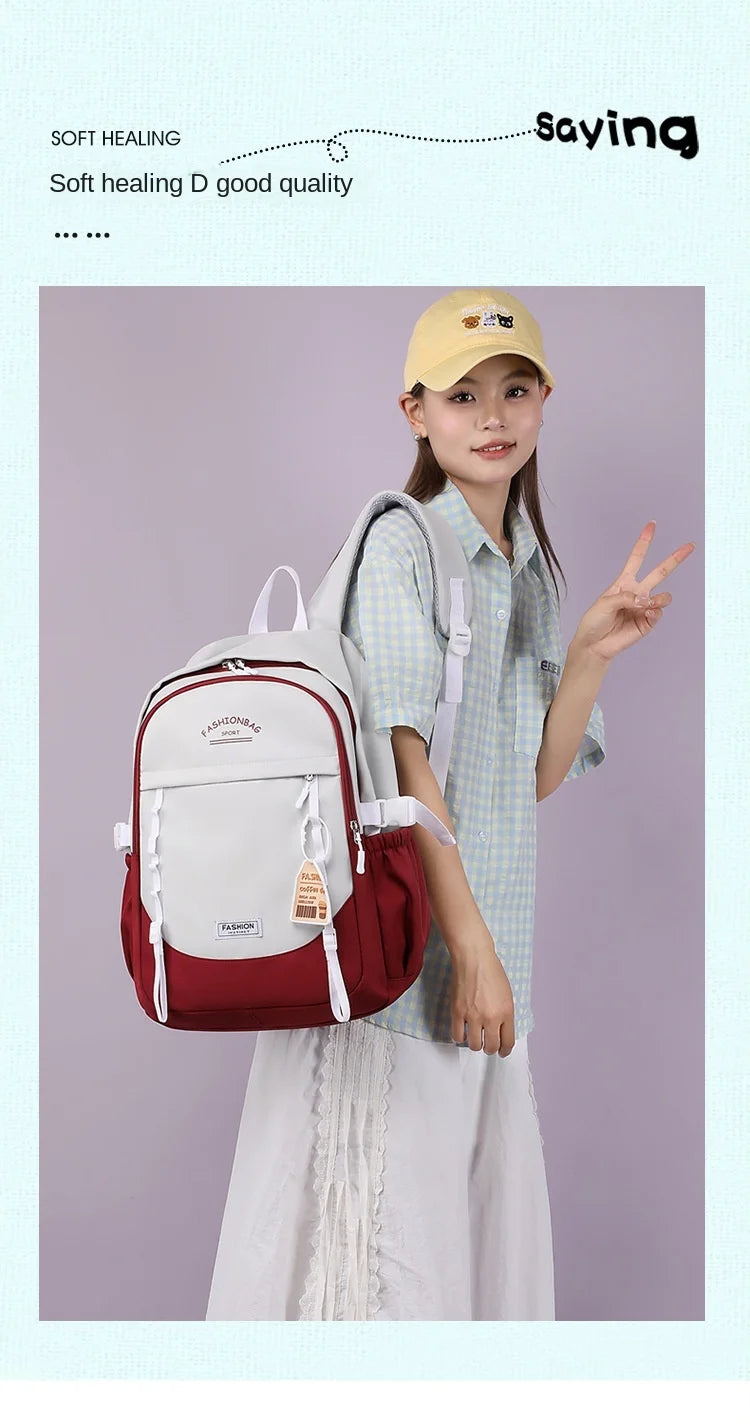 Backpack for Middle School Girls, Ins Style, College, High School, Versatile Color-Block Double