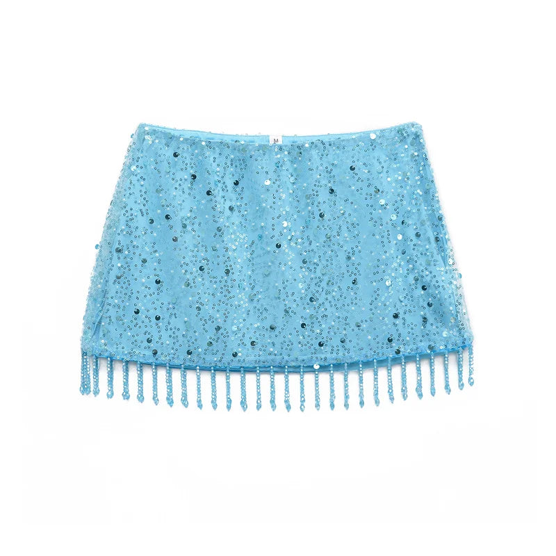 Women's Blue Halterneck Collar Pearl Fringe Sequin Top Skirt Suit Sexy Fashion Personality