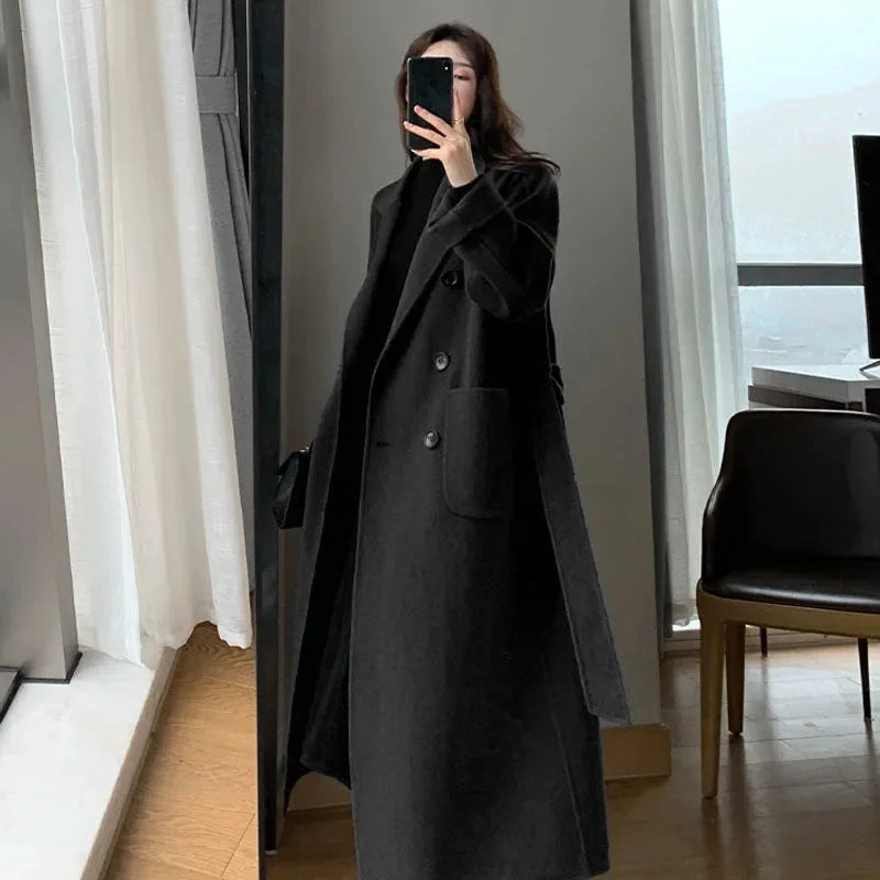 Winter Korean Coat, Long Coated Thickened Woolen Winter Black Coat Harajuku
