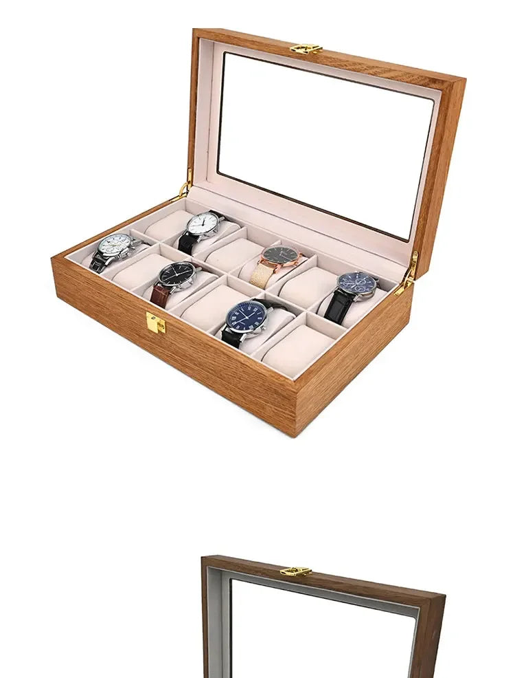 European Vintage Watch Box Organizer Inner Velvet Wood Watch Case Gold Tone Locking Mechanism Custom Logo Secure Display Storage