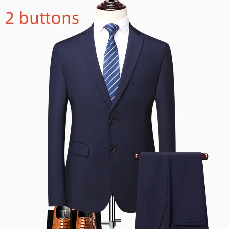 Suit (Blazer+ Pants) Fashion Men Outdoor Business Casual British Style Solid Color