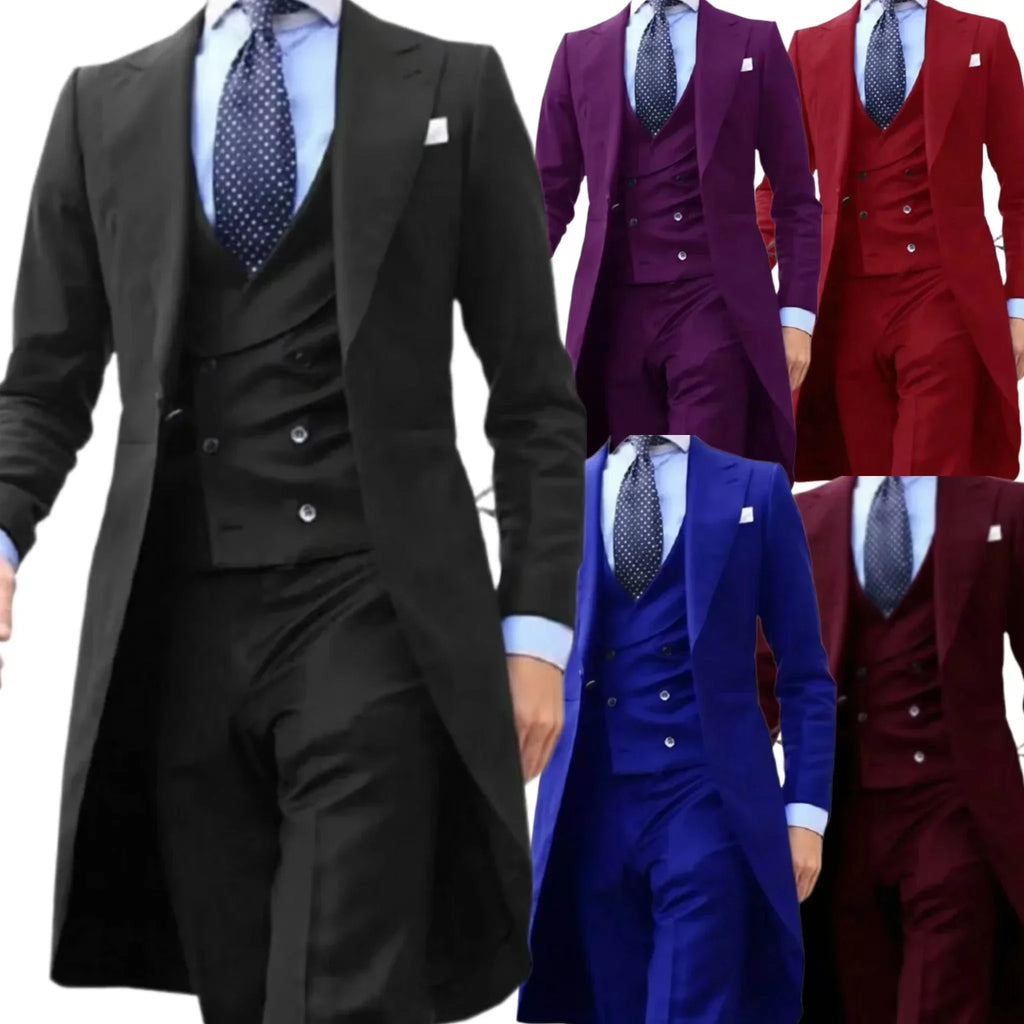 Suits for Men Peak Lapel Long Tail Coat 3 Pieces Blazer Vest and Pants Set Formal  Wedding Dresses Ceremony Evening Party