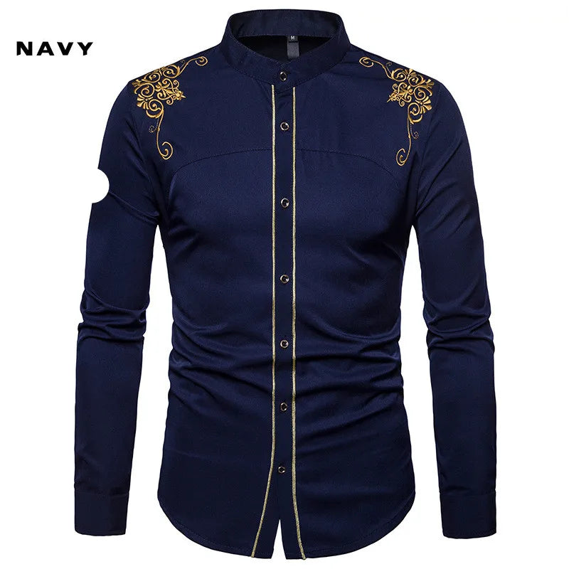 England Embroidery Long Sleeve Lapel Single-breasted Casual Dress Shirts