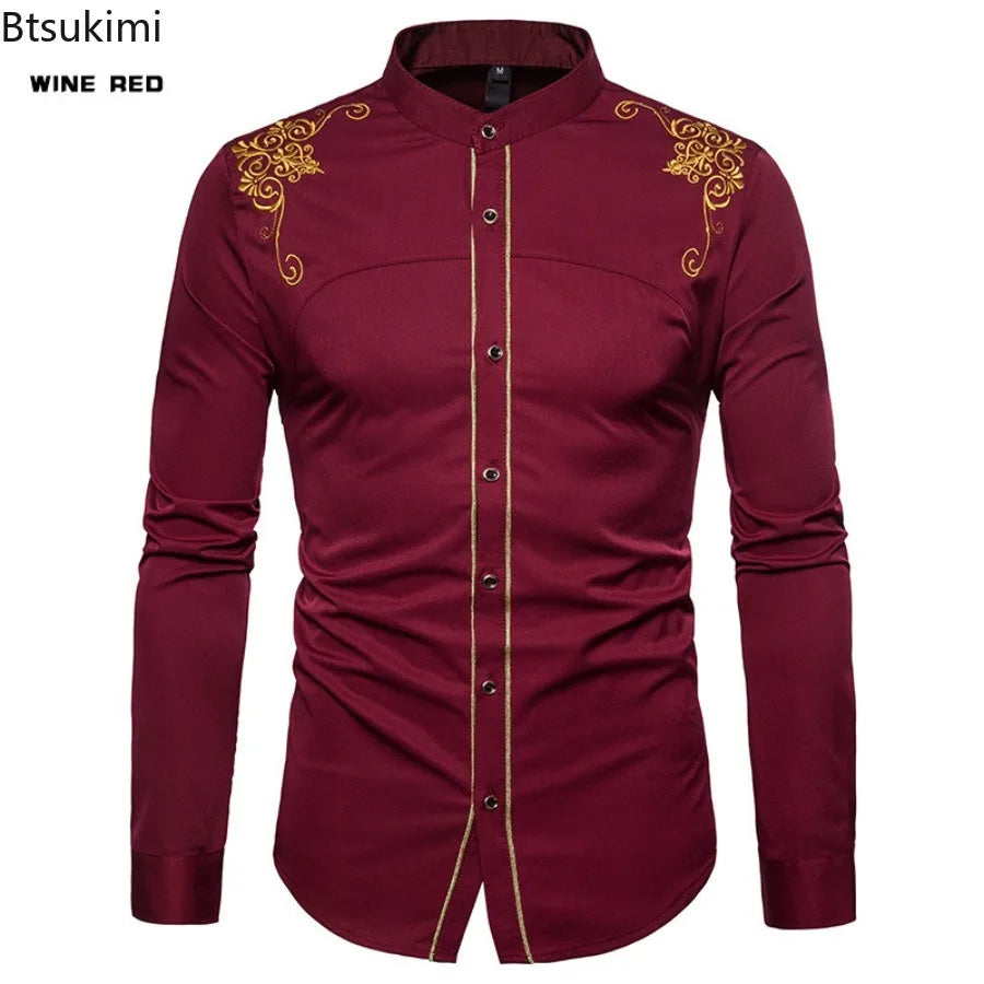 England Embroidery Long Sleeve Lapel Single-breasted Casual Dress Shirts