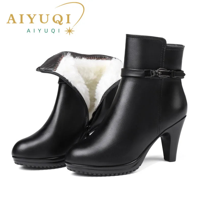 AIYUQI Ankle Boots Genuine Leather Boots Wool Booties High-heeled Snow Boots