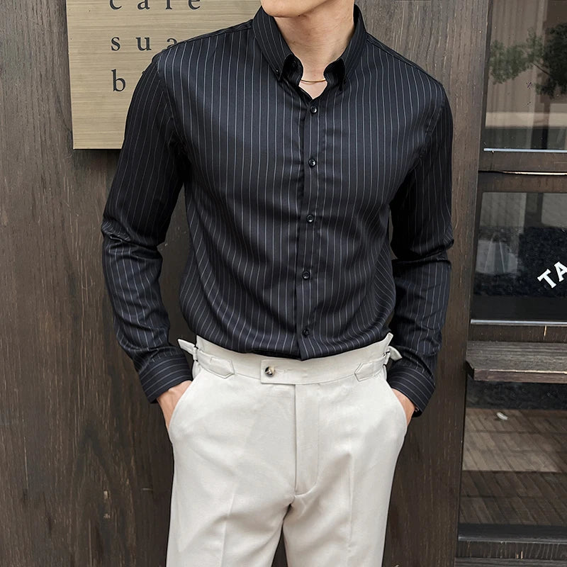 Striped Shirts Long Sleeved Elastic Slim Fit Dress Shirt for Men