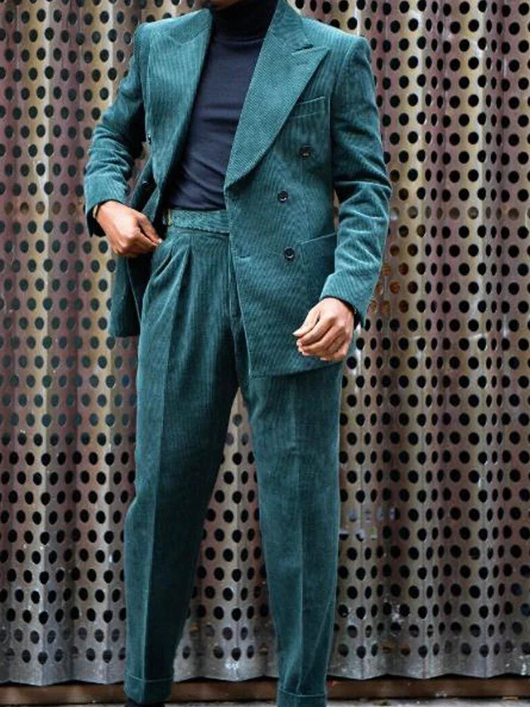 Men's Corduroy Suit Peak Lapel 2 Piece Jacket + Pants Double Breasted Best Party Casual Men's Wedding Outfit Full Suit