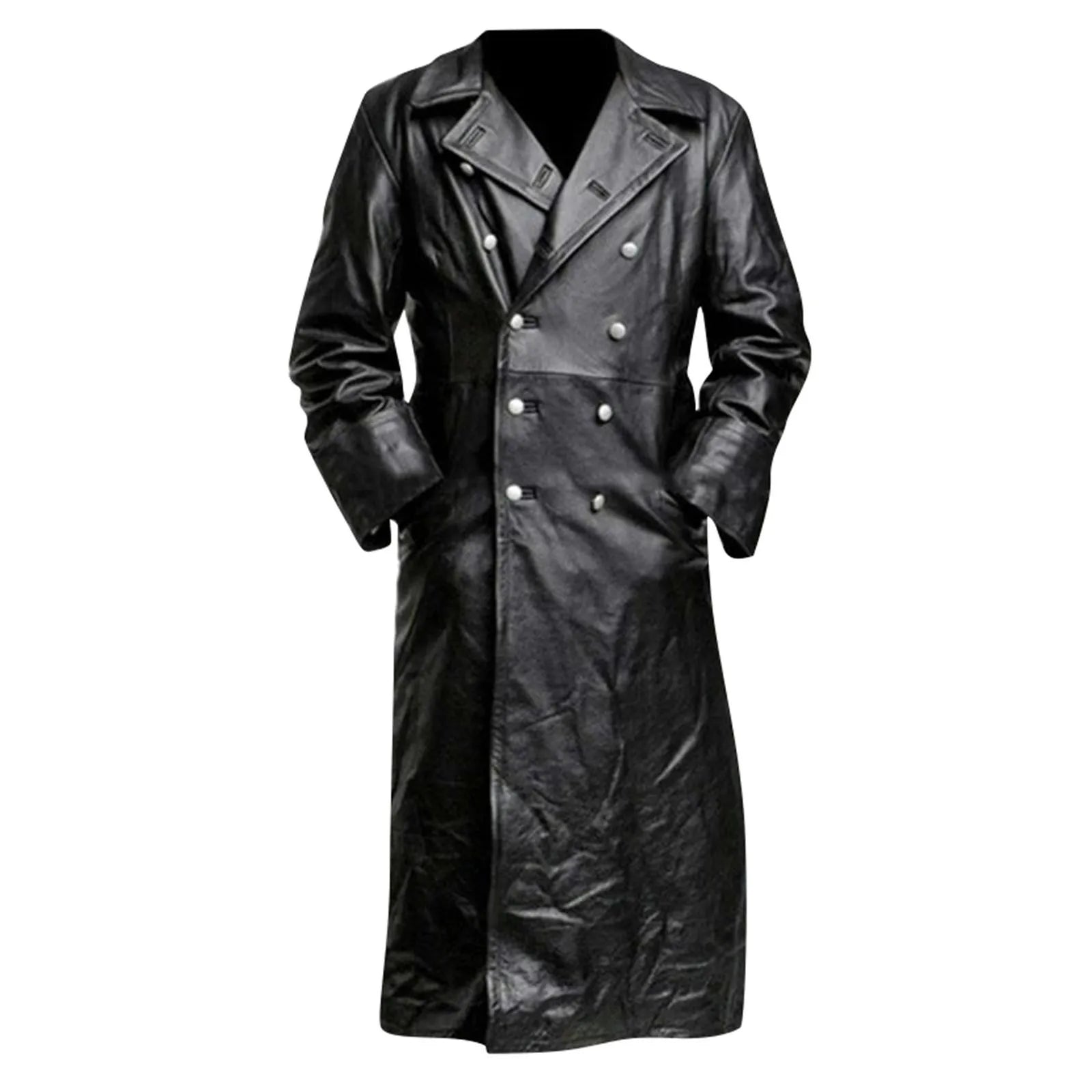 Faux Leather Double Breasted Long Coat