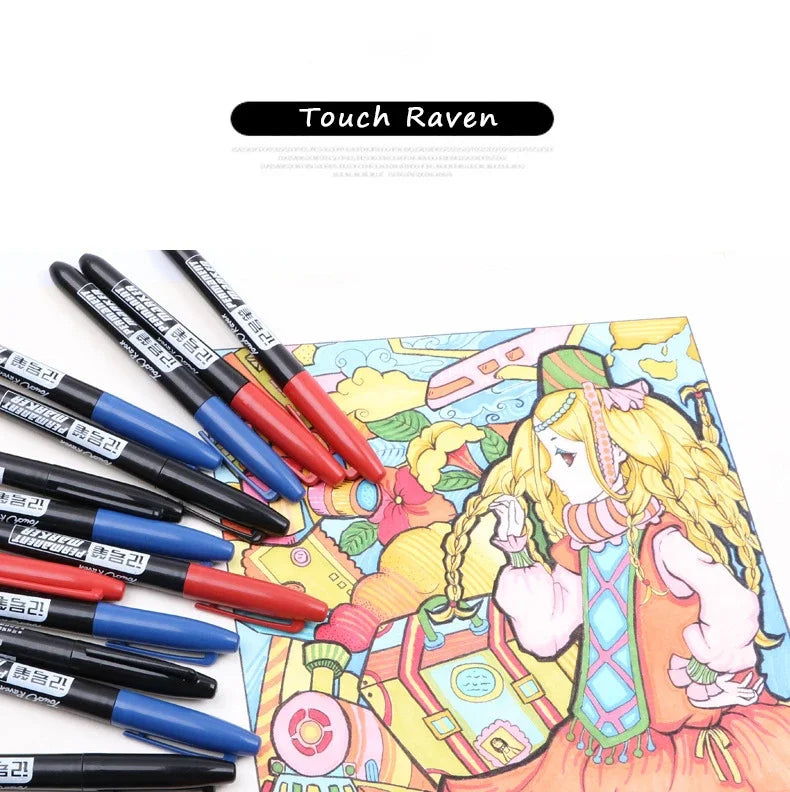 9 Pcs/Set Permanent Marker Pen Fine Point Waterproof Ink Thin Nib Crude Nib Black Blue Red Ink 1.5mm Fine Color Marker Pens