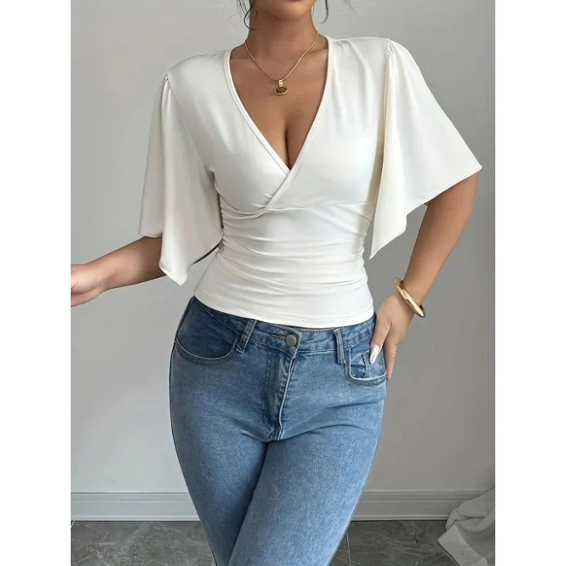 Solid Colour Casual Flared Sleeve Slim Deep V Neck Sexy T-Shirt Top