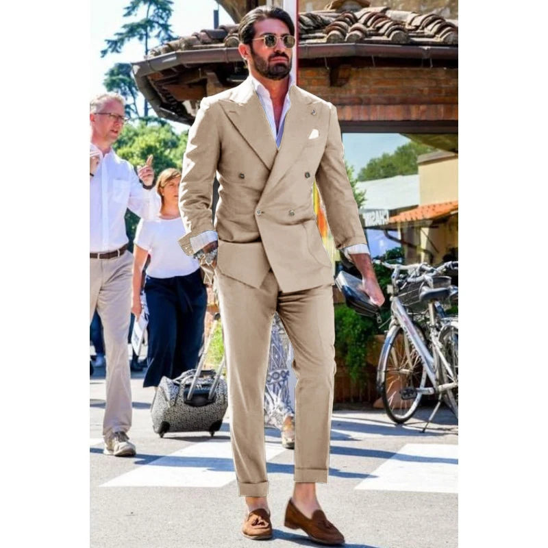 Two-piece Slim Fit Solid Color Double Breasted Spike Lapel