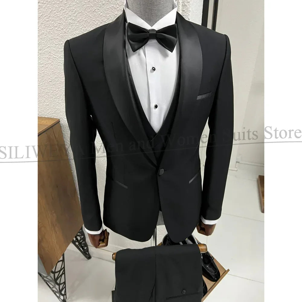 Black Suits for Men 3 Piece Classic Shawl Lapel One Button Tuxedo Fashion Groom Wedding Party Banquet Dinner Slim Male Suit