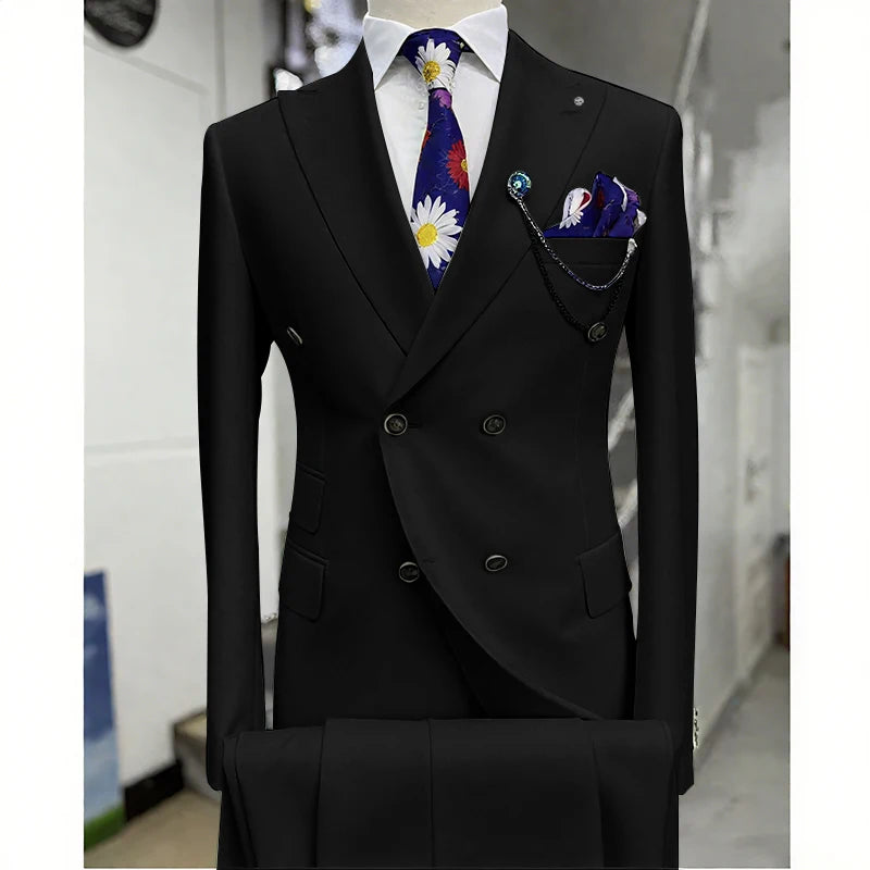 Suits for Men 2 Piece Solid Color Formal Business Casual Male Suit Fashion Peak Lapel Double Breasted Wedding Groom Tuxedo