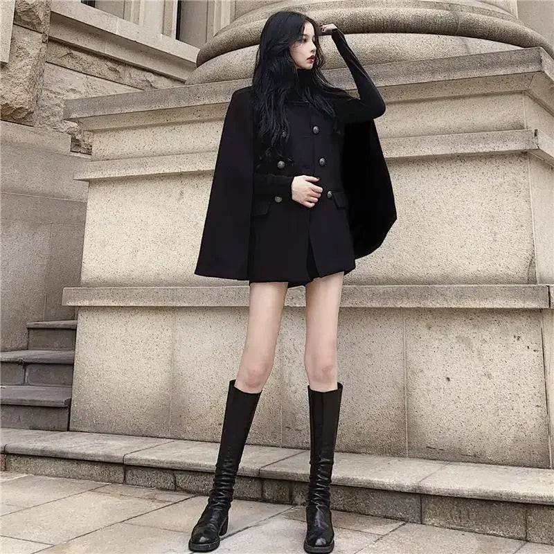 Black Cape Woolen Coat