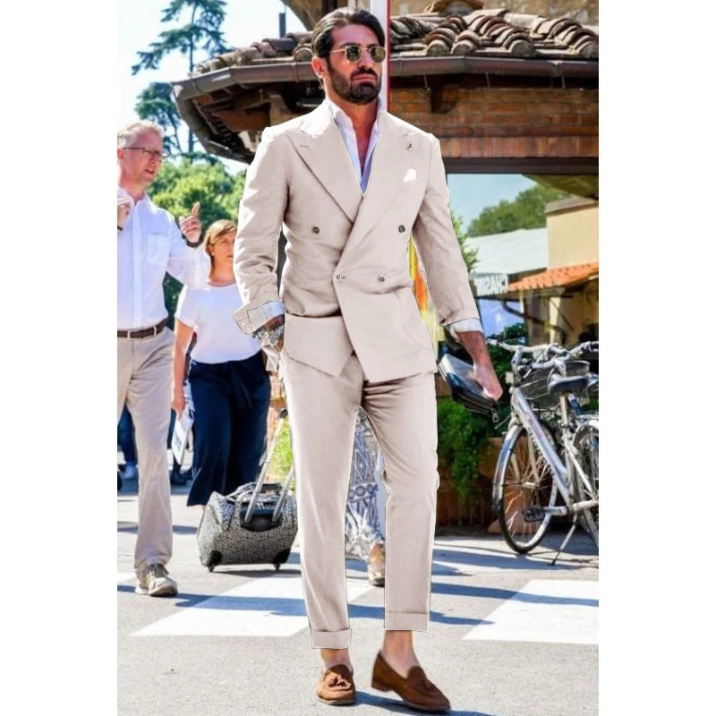 Two-piece Slim Fit Solid Color Double Breasted Spike Lapel