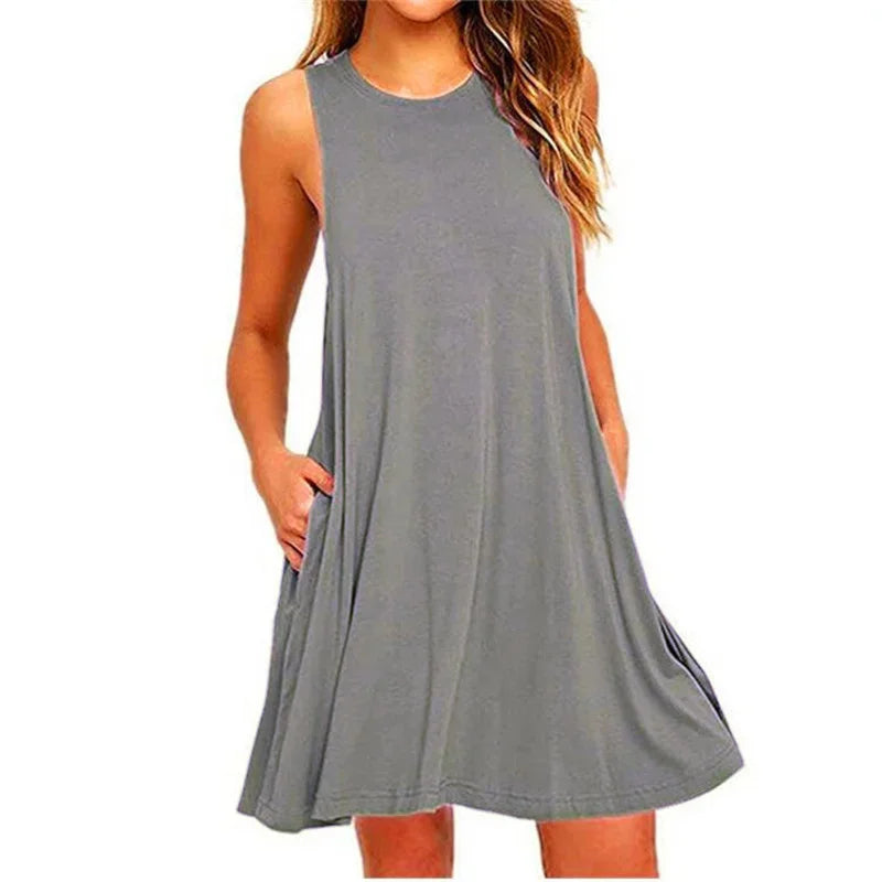 Casual Beach Cover up Plain Pleated Tank Pockets Dress