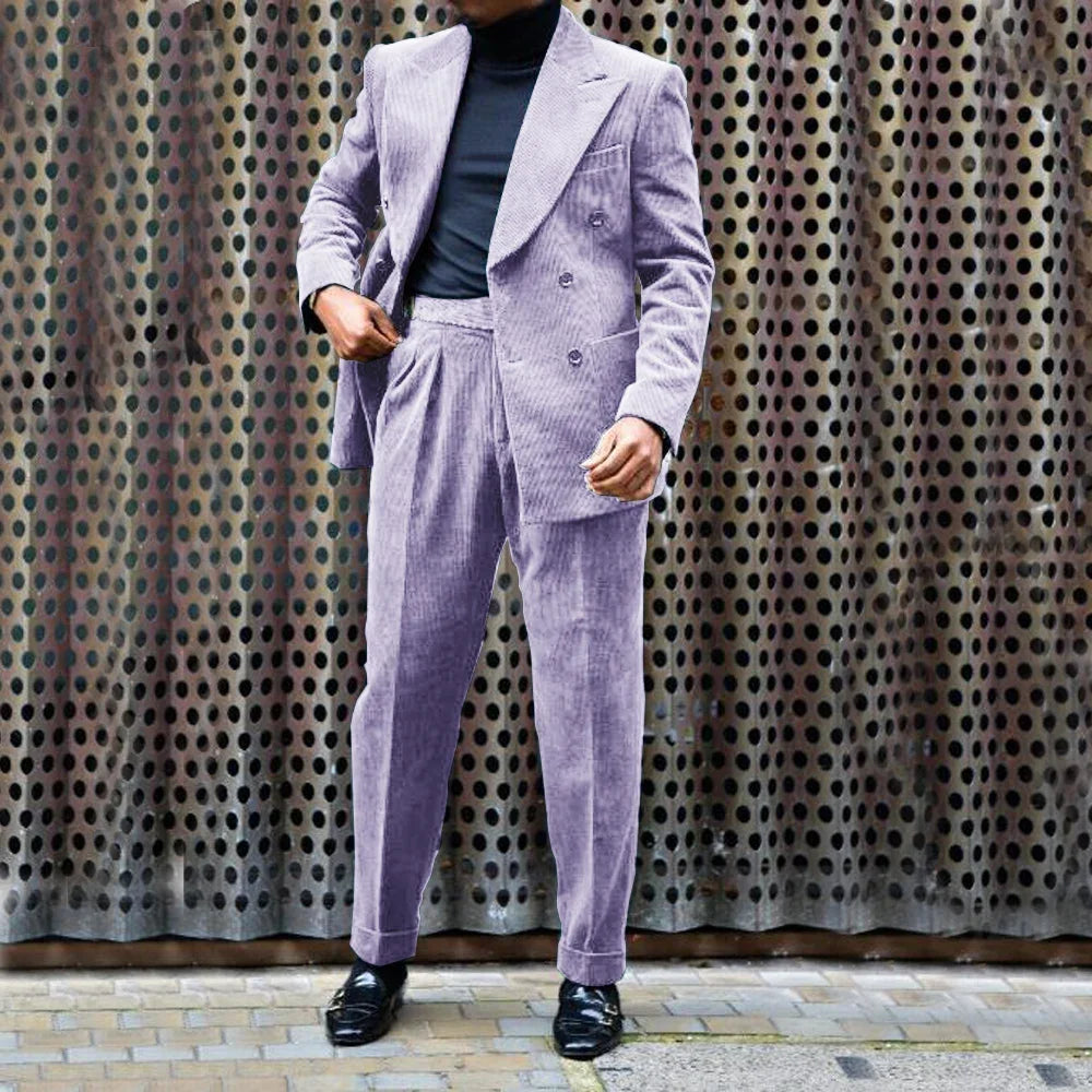 Men's Corduroy Suit Peak Lapel 2 Piece Jacket + Pants Double Breasted Best Party Casual Men's Wedding Outfit Full Suit