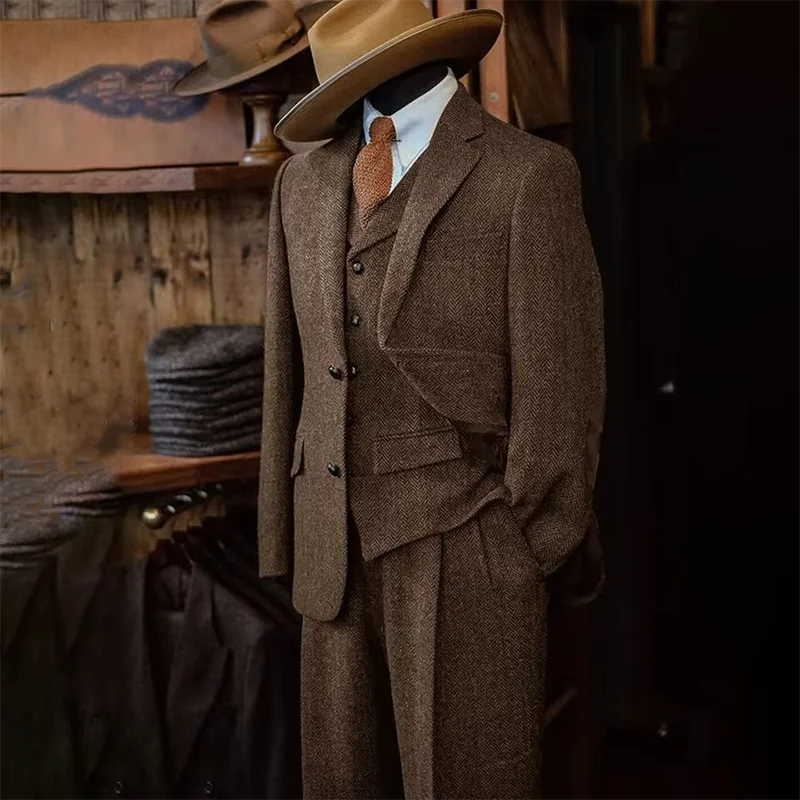 3 piece Slim Fit Herringbone Pattern Single Breasted Suits