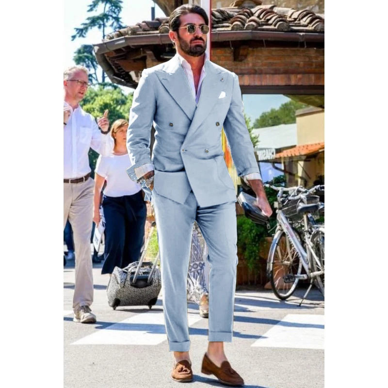 Two-piece Slim Fit Solid Color Double Breasted Spike Lapel