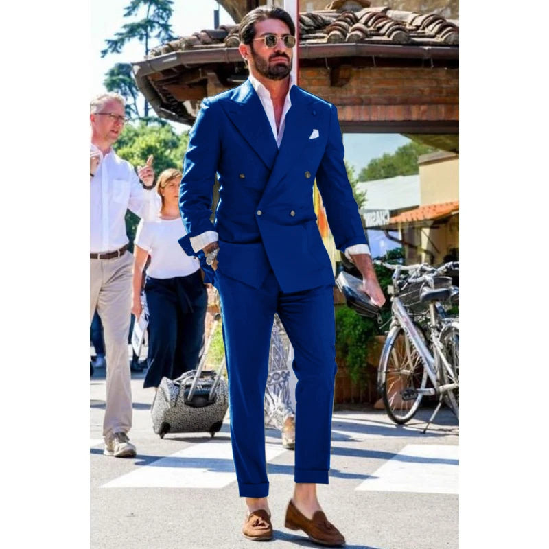 Two-piece Slim Fit Solid Color Double Breasted Spike Lapel