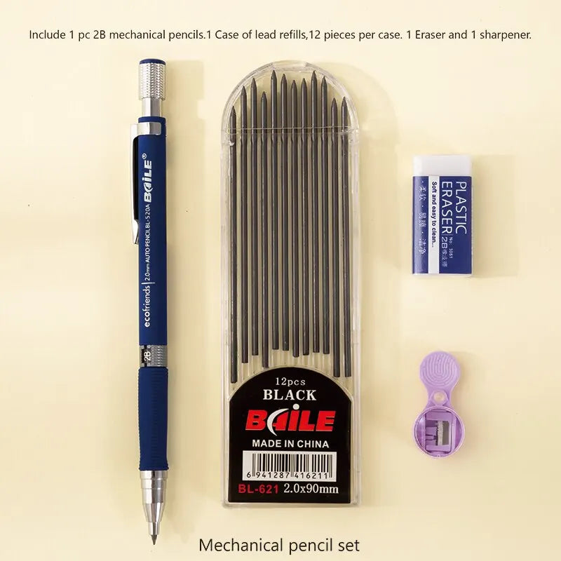 2.0mm Mechanical Pencil Set 2B Automatic Pencils With Black Lead Refills For Writing