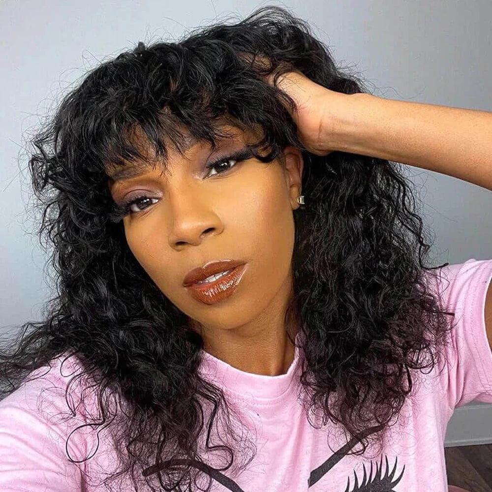 Curly Human Hair Wig With Bangs Brazilian Remy Funmi Short Bob Curly Wigs 180% Density Wig Water Wave Wig Natural Black