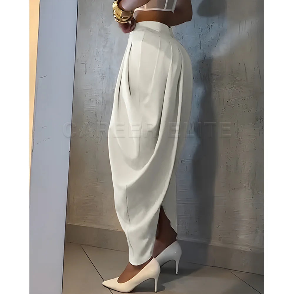 Crotch Trousers Chic White Drape Casual Elegant Pants