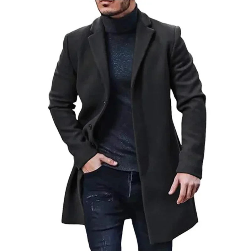 Men's Woolen Overcoat Solid Color Trench Outerwear Cardigan Jaqueta Masculina