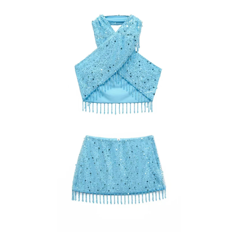 Women's Blue Halterneck Collar Pearl Fringe Sequin Top Skirt Suit Sexy Fashion Personality