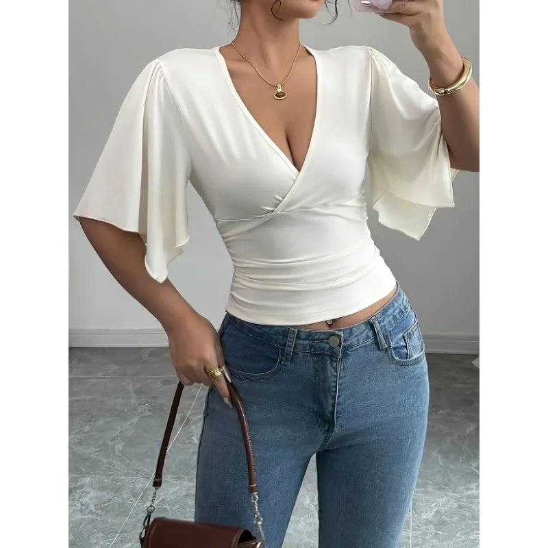 Solid Colour Casual Flared Sleeve Slim Deep V Neck Sexy T-Shirt Top