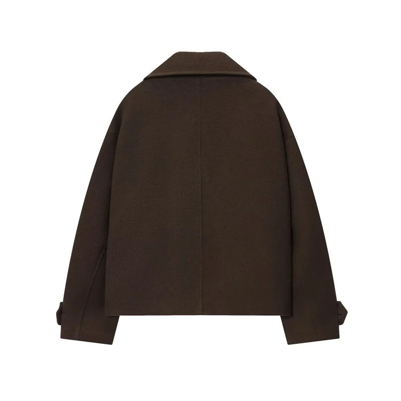 Deep Brown Long Sleeve Double-breasted simple Short Coat