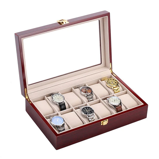 Wooden Luxury Watch Box 2/3/5/6/10/12 Slots Red Boxes Stoving Varnish Home Jewelry  Storage  Organizer  Transparent Glass Show