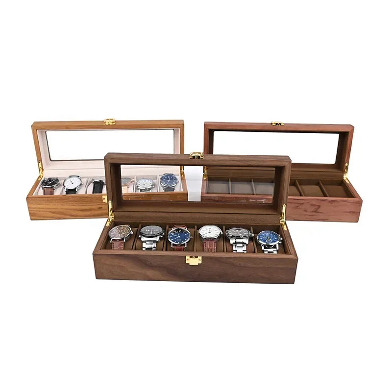 European Vintage Watch Box Organizer Inner Velvet Wood Watch Case Gold Tone Locking Mechanism Custom Logo Secure Display Storage