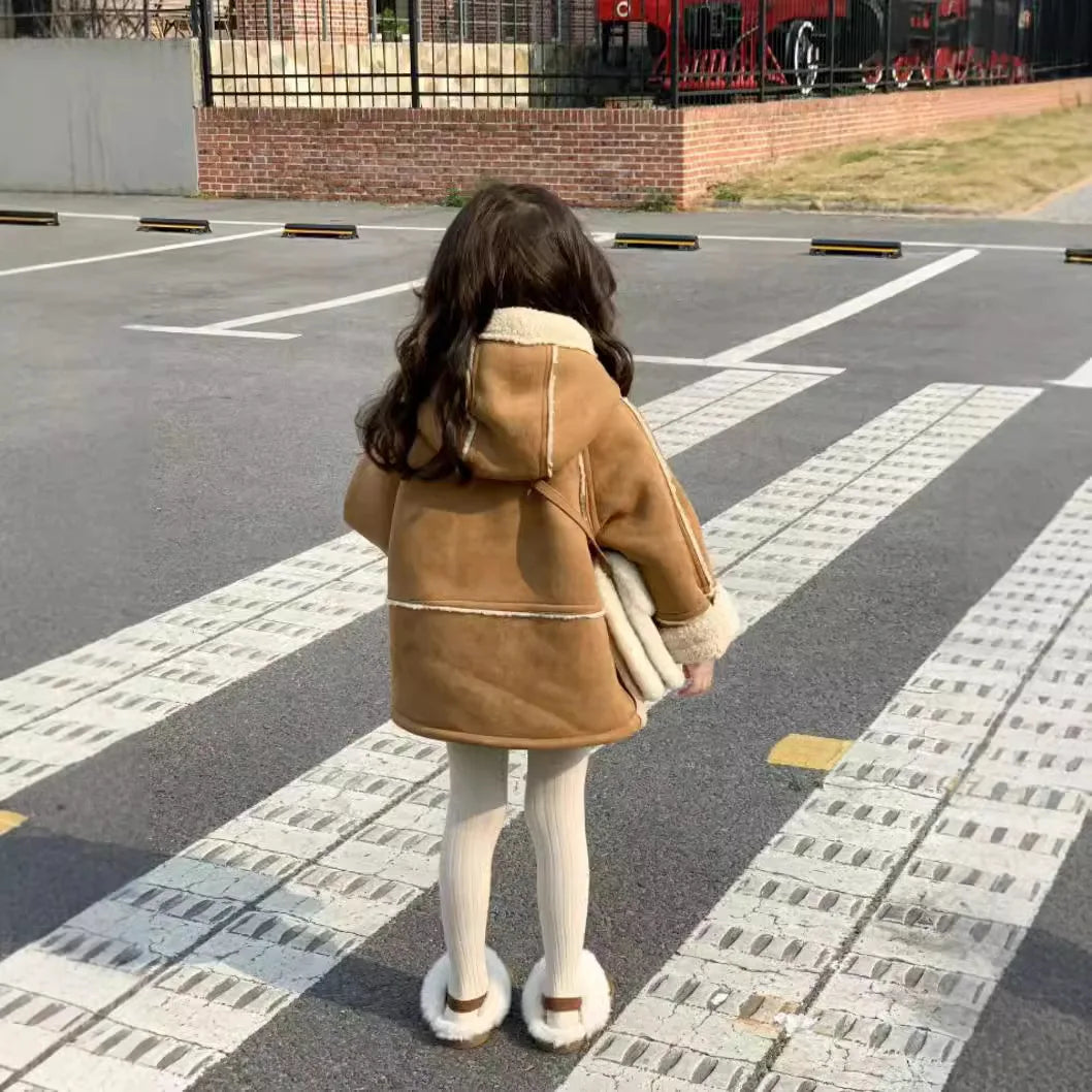 Girls Coat New Korean Fashionable Suede Hooded Coat Warm and Fashionable
