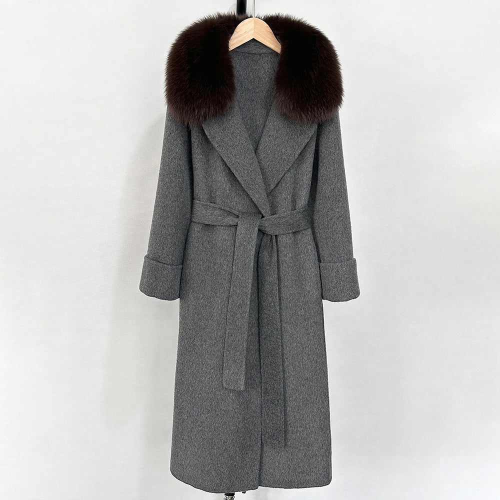 Fox Fur Collar Elegant Double-sided Wool Blend Coat Cashmere Wool Jacket