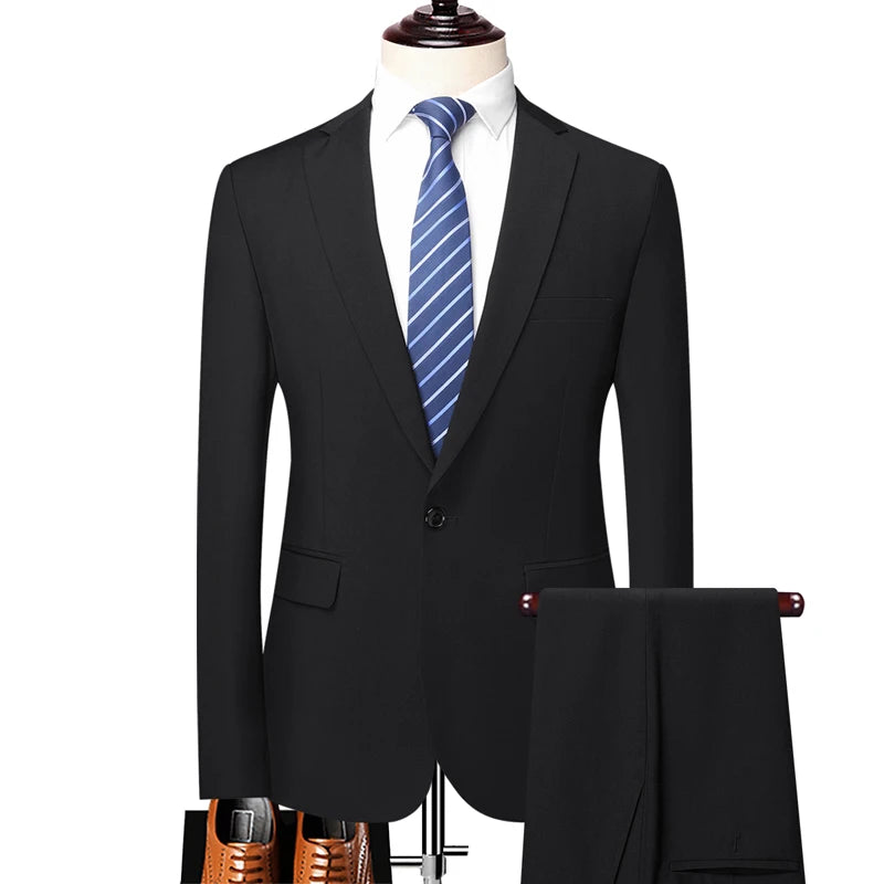 Suit (Blazer+ Pants) Fashion Men Outdoor Business Casual British Style Solid Color