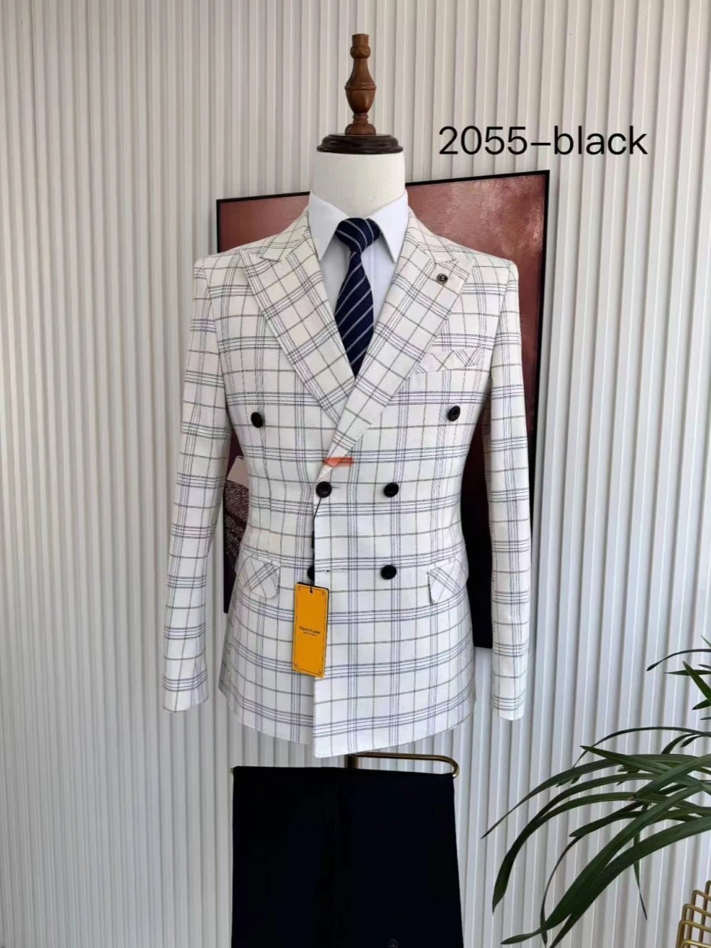 2 Pieces Classic Slim Fit Suits Double Breasted Plaid Suit Set