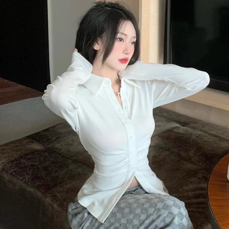 Solid Shirts Skinny Sexy Temperament Long Sleeve Camisas Tops