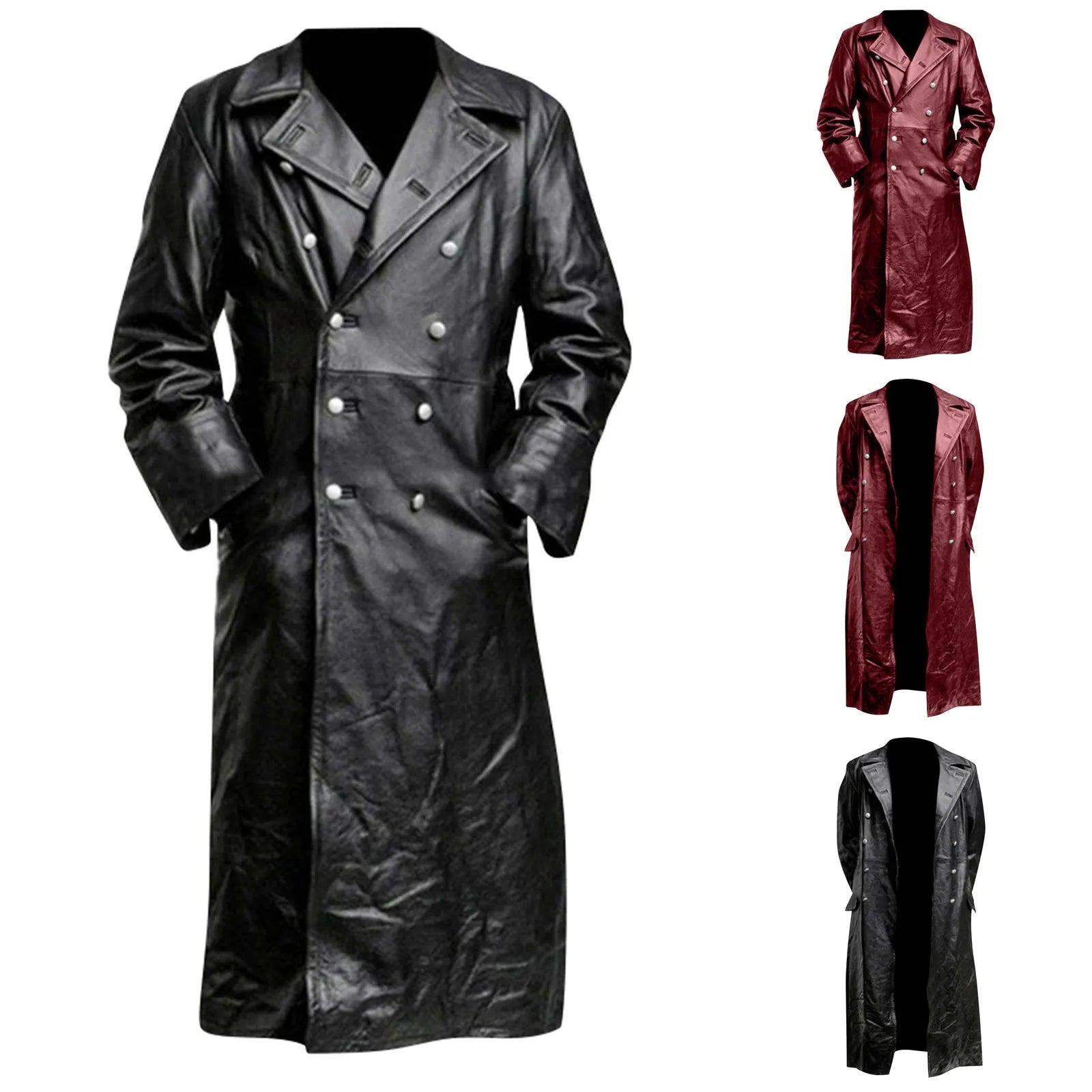 Faux Leather Double Breasted Long Coat