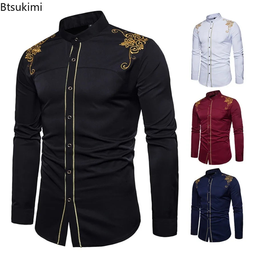 England Embroidery Long Sleeve Lapel Single-breasted Casual Dress Shirts
