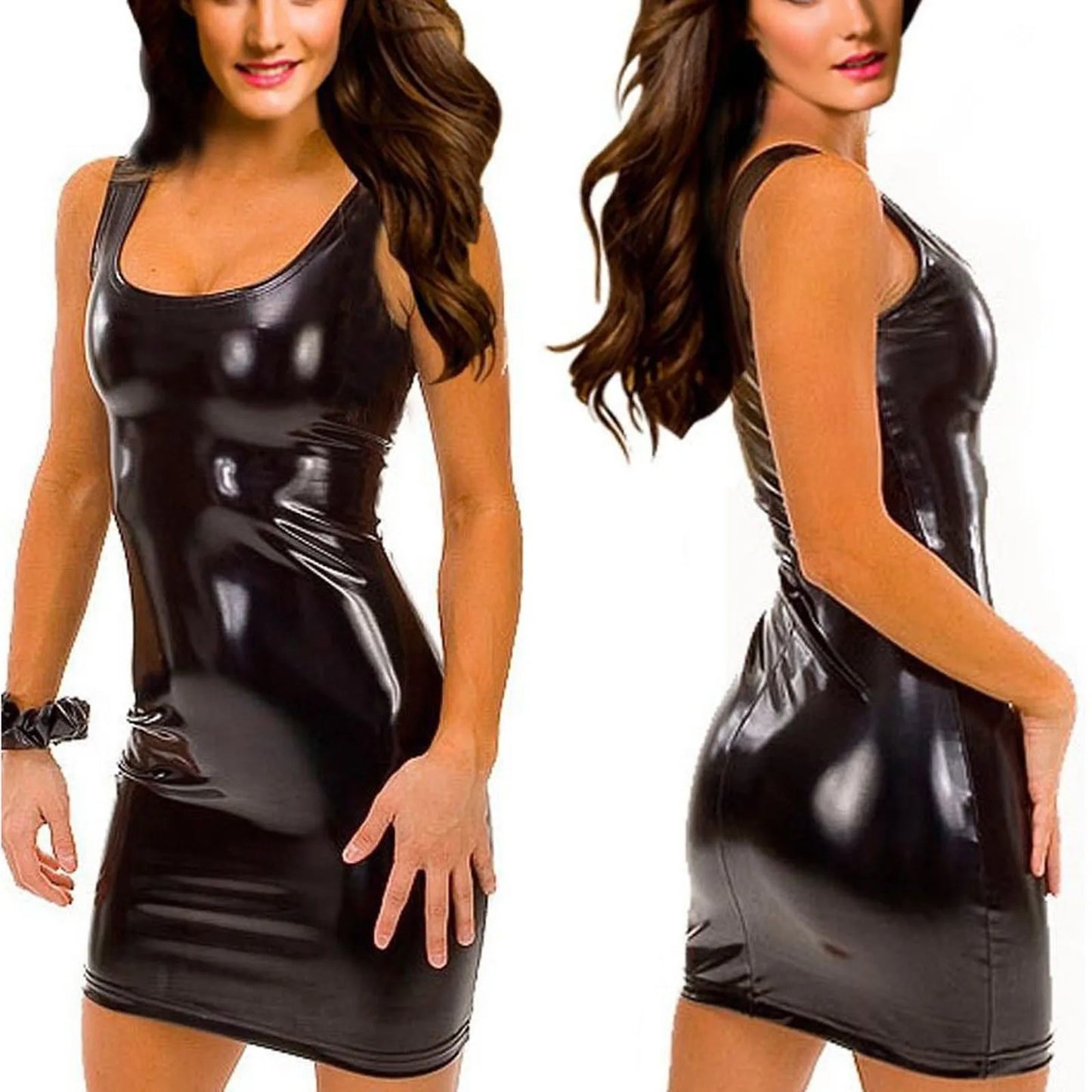 Womens Glossy Leather Dress Solid Color Crew Neck Off Shoulder Wrap Buttocks Skirt American Individualized Spicy Girl Dress
