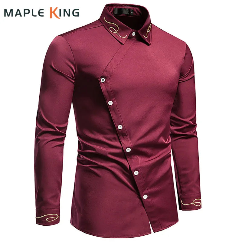 Men's Irregular Oblique Button Up Dress Elegant Embroidery Shirts