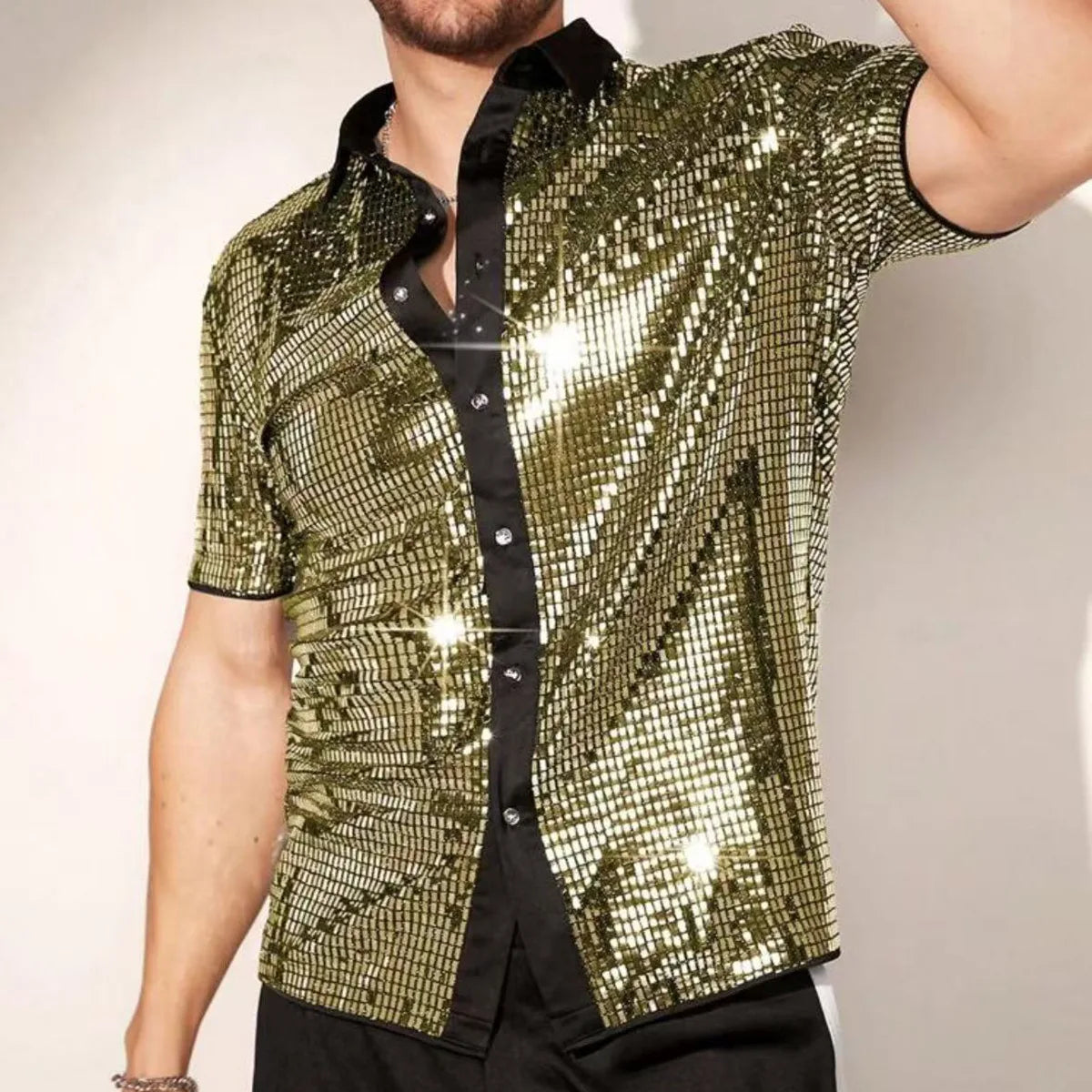 Shiny Sequin Short Sleeve Lapel Glitter Shirt
