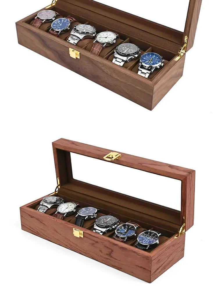 European Vintage Watch Box Organizer Inner Velvet Wood Watch Case Gold Tone Locking Mechanism Custom Logo Secure Display Storage